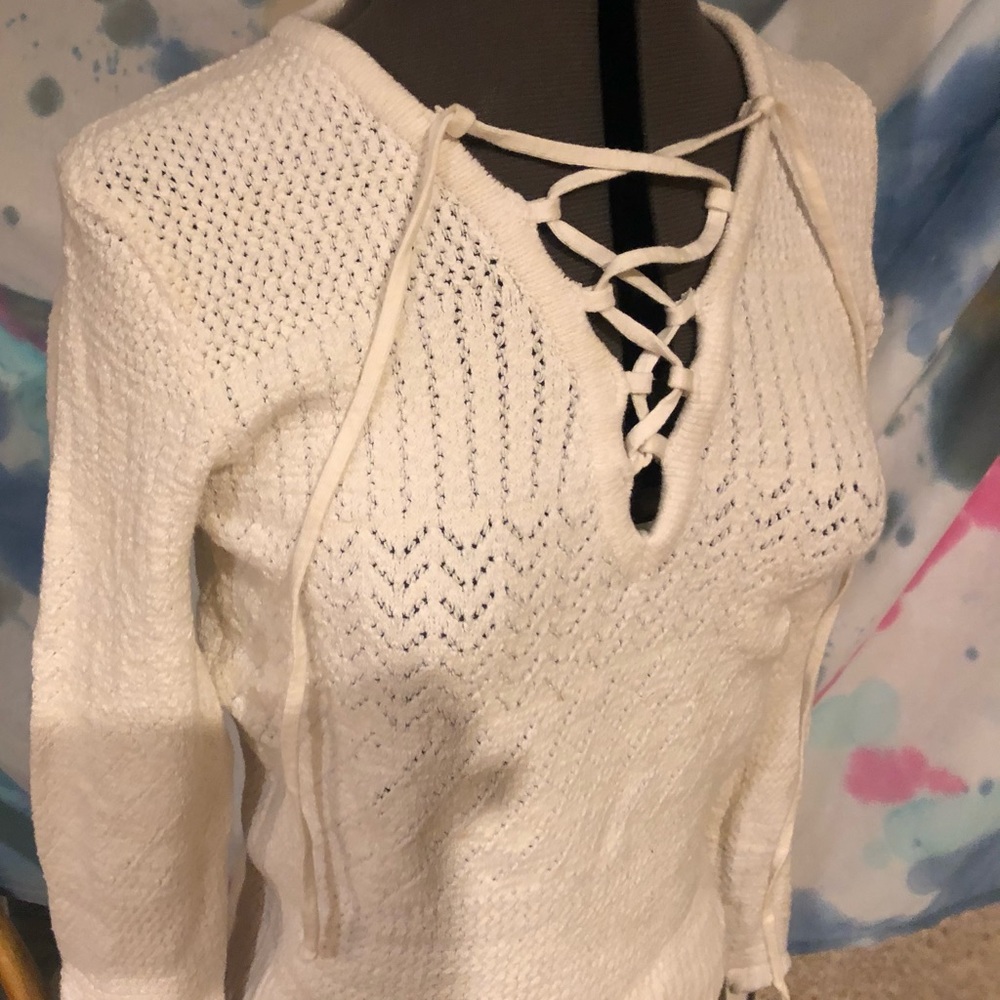 Forever 21 Lace Up White Sweater, Size S